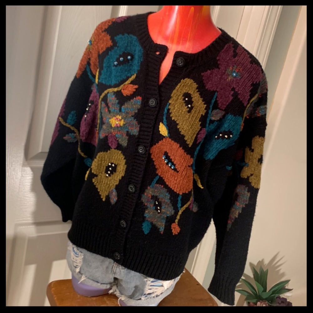VINTAGE Floral Chunky Kawaii Adorable Show Stopper Cardigan Sweater - Picture 5 of 17